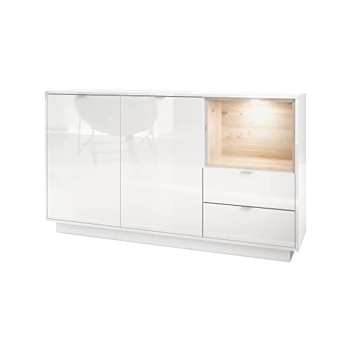 Vladon Sideboard Kommode Metro, Made in Germany, Korpus in Weiß Hochglanz/Fronten in Weiß Hochglanz mit Einsatz in Eiche Nordic, inkl. LED Beleuchtung Vladon Sideboard Kommode Metro, Made in Germany, Korpus in Weiß Hochglanz/Fronten in Weiß Hochglanz mit Einsatz in Eiche Nordic, inkl. LED Beleuchtung