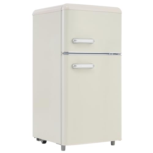 Emmtore Nevera vintage, doble puerta superior e inferior, volumen total 72 litros, volumen de congelación 21 litros, 120 kWh/año, luz LED. Disponible en una variedad de colores Blanco