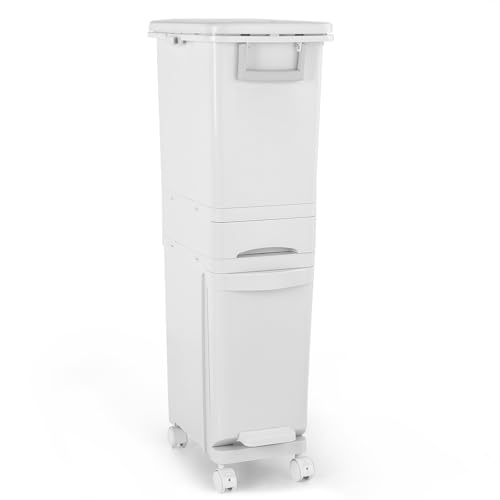 Warmiehomy Abfalleimer Küche, 32L Trocken- und Nasstrennung Mülleimer mit Deckel, Lange Tretmülleimer auf Rädern für Küche Haushalt