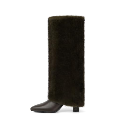 Image of Knee High Boots Women Fold Over Boots Chunky Heel Pointed Toe Tall Boots | Fashion Slouchy Boots,Side Zipper Shark Boots,Fall Spring Winter Fashion Dress Tall Boots,Evening Bridal office Long Boots