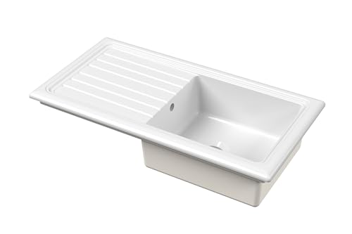 Balterley Fregadero de cocina de cerámica con escurridor y agujero de desbordamiento, cuenco de 101 cm, fregadero de cocina blanco de arcilla refractaria, fregadero de cerámica reversible de un solo