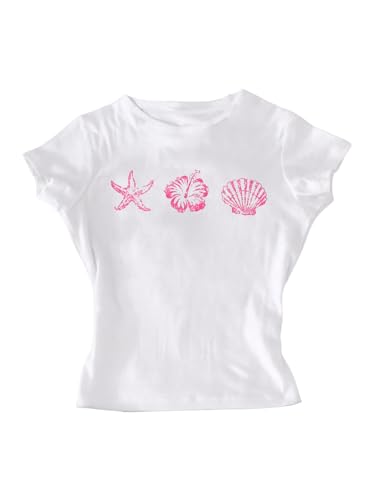 Image of RoseSeek Girl's Floral Graphic Crop Tops Tees Short Sleeve Crewneck Cute Slim Fit T Shirt Summer Tops