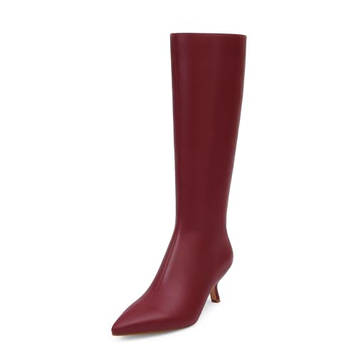 Adolilove Mid Calf Boots for Women Pointed Toe 2.5 IN Low Heel Zipper Boots Fashion Trendy Stiletto Heel, Red, Size 9.5
