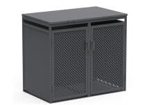 GOPLUS Abri Poubelle Extérieur Double avec Portes Grillagées, Cache-Poubelle Métal Effet Grain de Bois pour 2 Poubelles 120L à 240L, Acier Galvanisé avec Maille, Vérins et Serrure, 132x80x117cm, Gris