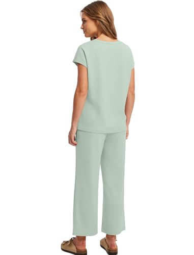 Image of Saloogoe Two Piece Sets for Women Summer Outfits Lounge Sets V Neck Tops Wide Leg Pants Woman Vacation Travel Outfits