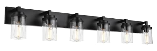 Image of MELUCEE Black Vanity Lights with Clear Glass Shade, 6-Light Modern Bathroom Lighting Fixtures Over Mirror Industrial Wall Mount Light Fixture for Powder Room Kitchen Living Room