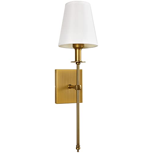 Image of Modern Antique Brass Hardwired Wall Sconces Set of 2 Slim with White Fabric Shade,Wall Lighting for Bathroom Vanity Mirror Living Room Dining Entryway Fireplace Mantel Theater Room Bedside