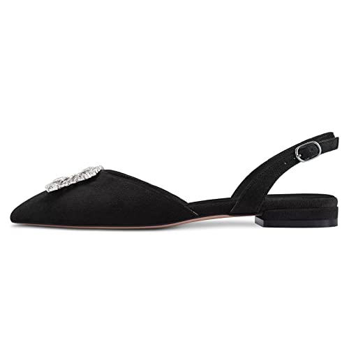 HDEUOLM Women Chunky Block Low Heel Pointed Toe Flats Shoes Slingback Rhinestone Crystal Prom Dress Shoes3