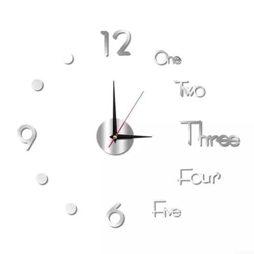 Reloj de pared elegante y silencioso, adhesivo grande de espejo, decoración moderna para el hogar (plateado)