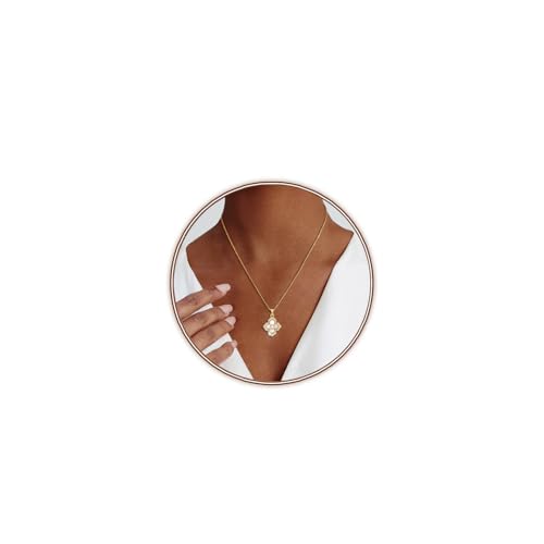 Luxval Gold Clover Necklace for Women Dainty 14K Gold Plated CZ Pendant Necklace Charm Clover Pendant CZ Flower Necklace Lucky Necklaces for Women Jewelry White Mother of Pearl
