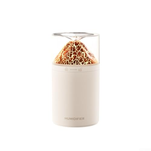 Humidificador volcánico con tanque de agua de 300 ml, difusor de aromaterapia y funcionamiento silencioso, para uso en escritorio con iluminación ambiental suave (blanco)