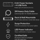 Premium Extension Lead 3m 6 Socket multiple USB Slots PDU LED Rack Wall Desk Mountable Power Cable UK Plug Black for Home, Work, Office