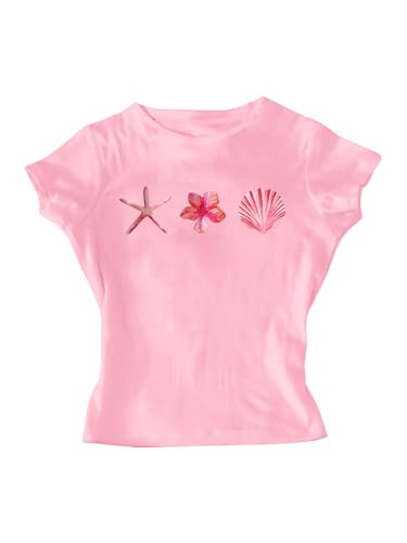 Image of RoseSeek Girl's Floral Graphic Crop Tops Tees Short Sleeve Crewneck Cute Slim Fit T Shirt Summer Tops