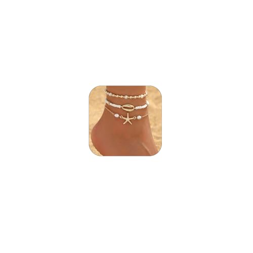 Image of Anklets for Women Fancy, Stylish Payal for Woman, Layered Shell and Starfish Pearl Beaded Anklet Set, Adjustable Beach Jewellery for Girls, Boho Accessories for Summer Festivals