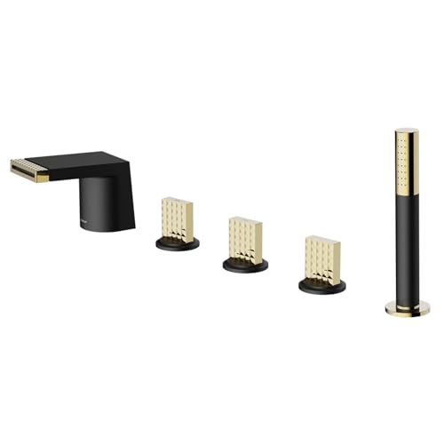 Bath Mixer Taps with Shower Waterfall Black + Gold Double Lever Mixer Tap 5 Hole Bath Tap Set