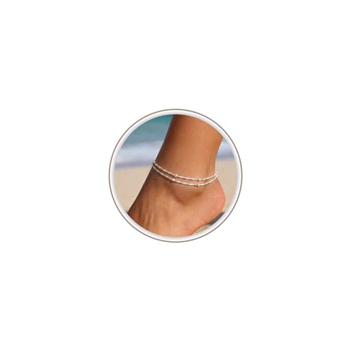 Image of Freekiss Sterling Silver Ankle Bracelets for Women: Dainty Layered Waterproof Anklet for Women Adjustable Womens Anklet Set Stackable Figaro Beaded Cuban Link Anklets Beach Jewelry for Women