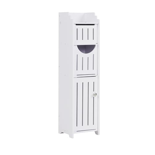 VECELO Bathroom Cabinet, Small Storage Cabinet with Toilet Paper Scroll,Corner Cabinet with Farmhouse Style Door for Bathroom Narrow Corner Space,Pearl White