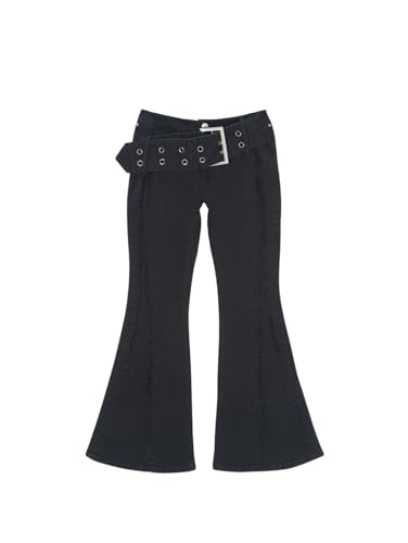 London PARFUMS Archive Big Buckle Flare Jeans, Slim Flared Denim with Distressed Cutout & Cat Wash Finish