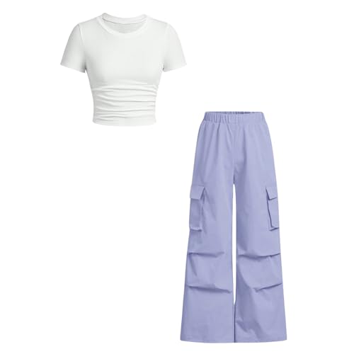 Image of Azmxynol Tween Girls Clothes 2 Piece Outfit T-Shirt Top + Cargo Pants, Teen Girl Trendy Clothing Set, Sizes 7-15 Years
