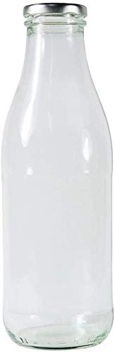 Foto von mikken 8 leere Weithals-Glasflaschen für 1,0l, Milchflaschen Saftflaschen mit silber-farbenem Schraubverschluss, inkl. einem Einfülltrichter Ø 9cm