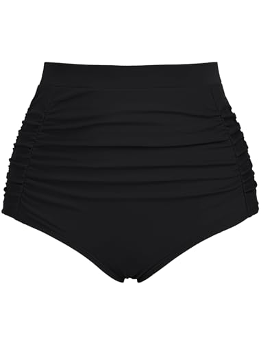 Plus Size High Waisted Bikini Bottoms Black Tummy Control Swim BottomsRuched Full Coverage Vintage Swim Bottoms 16W