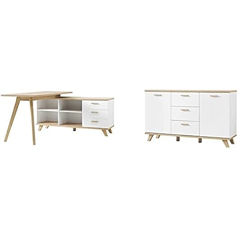 Germania 4058-221 Schreibtisch mit integriertem Sideboard in Weiß 144 x 75 x 145 cm & Germania 3216-221 Sideboard Cover