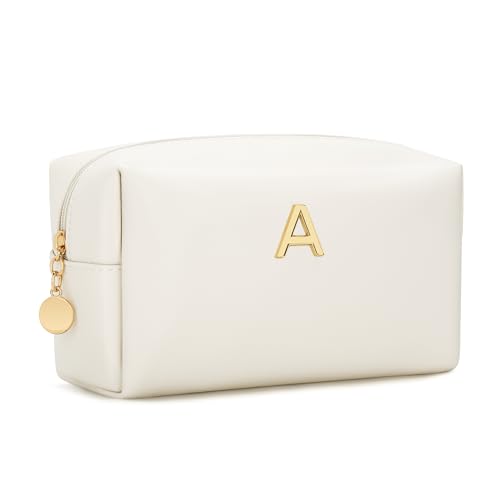 CLOUDWINGS Gifts for Women Bridesmaid Gifts Personalized Initial Makeup Bag PU Leather Cosmetic Waterproof Travel Toiletry Bag (Beige A)