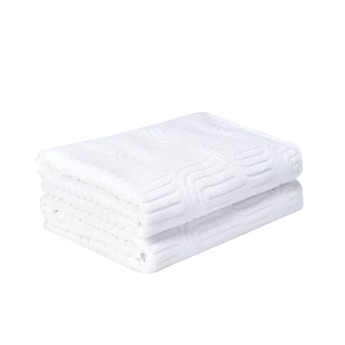 HEAVYWOOD Bath Towels Wave Pattern Jacquard 2pc 100% Cotton Reversible, Soft & Absorbent Decorative Bath Towel for Bathroom Clearance (White, 2Packs)