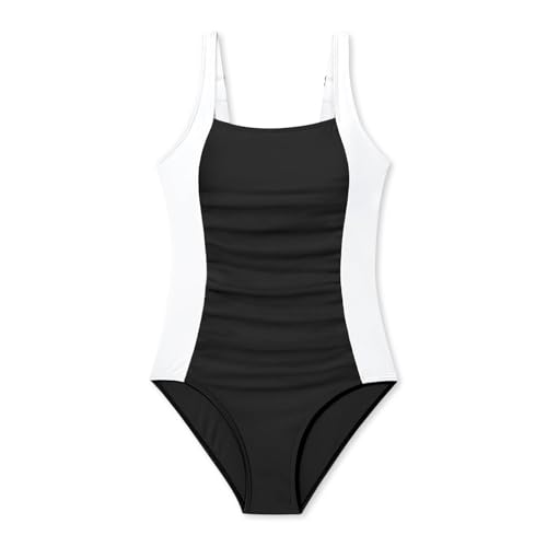 DOINEUFL Girls One Piece Swimming Costume Kids Colour Block Quick Dry Swimsuit with Removable Pads for Swim Lessons and Beach Holiday (UK, Age, 15 Years, 16 Years, Regular) Black