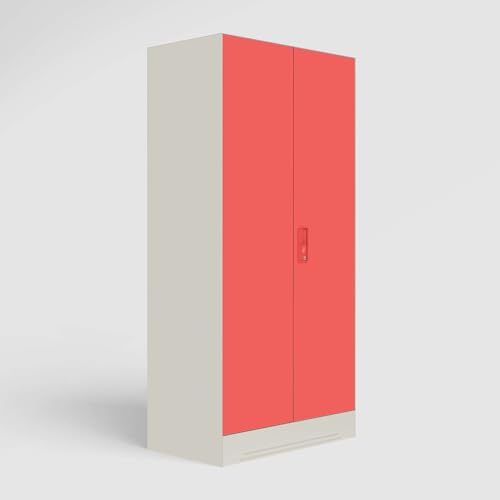 Image of Interio by Godrej Almirah Slimline 2-Door Steel Almirah, Cupboard for Clothes (Alpine White and Hot Coral Matte), 1-Year Warranty, 1 Locker, 4 Shelves