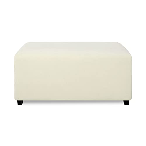 Image of PureFit Stretch Rectangle Ottoman Cover Footstool Cover, Ivory | Fleece Soft Form Fit Ottoman Slipcovers Rectangle Slipcover for Folding Storage with Nonslip Elastic Bottom