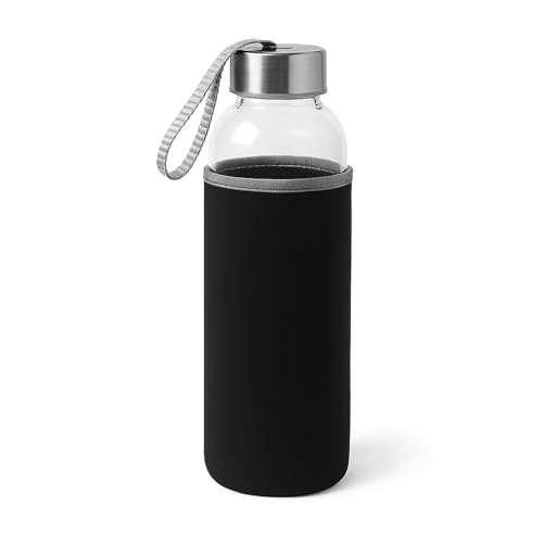 TIENDA EURASIA – Botella Agua | Cristal y Acero Inoxidable | Funda de Neopreno | Capacidad 420 ml | Tapón de Seguridad de Rosca y Cinta de Seguridad | Medidas 6.4 Ø x 19 cm | Libre de BPA (Negro)