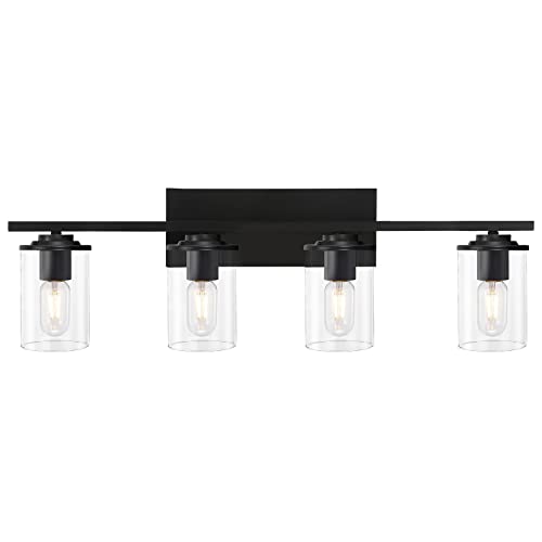 HUESLITE 4-Light Matte Black Vanity Lights with Clear Glass Shade, Bathroom, Hallway, Kitchen, Bedroom Wall Sconce