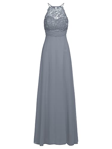 APART Fashion Abendkleid aus Chiffon und Spitze, Jeansblau, L