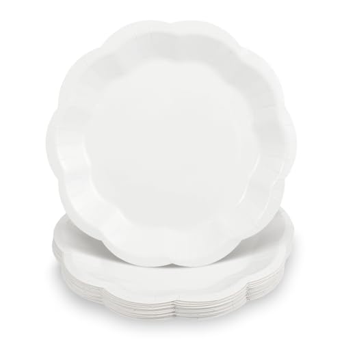 Image of NatNarr 30 Pcs White Paper Plates 7 Inch Scalloped Small Dessert Plates | Wedding Plate Disposable Cute Cake Plate for Party Wedding Bridal & Baby Shower Birthday