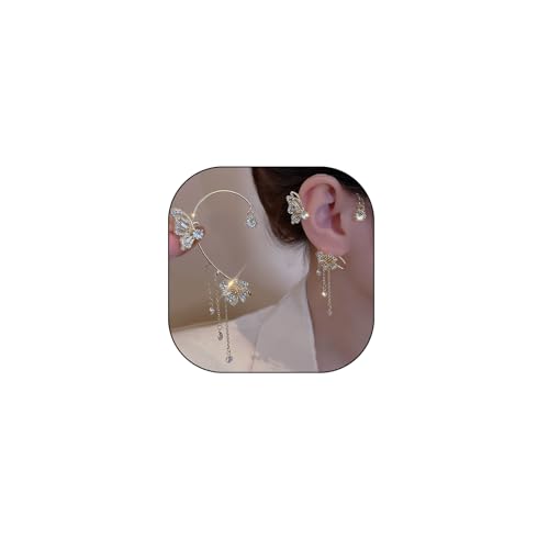 Butterfly Zircon Ear Cuff Earrings for Women,14K Gold Sparkling Rhinestone Tassels Earrings Non Piercing Clip On Wrap Climber Crawler Earrings (Gold) -  Stringex