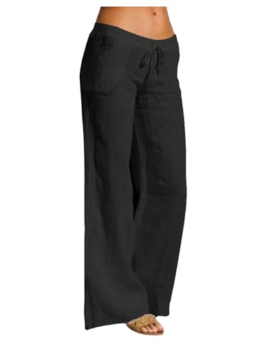 SOLY HUX Women's Wide Leg Linen Pants Tie Front Elastic Waist Baggy Pants Casual Vacation Long Trousers