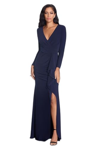 Image of Betsy & Adam Womens Betsy & Adam Women's V-Neck Long Sleeve, Floor-Length Gown with Side Ruffle Detail and Slit