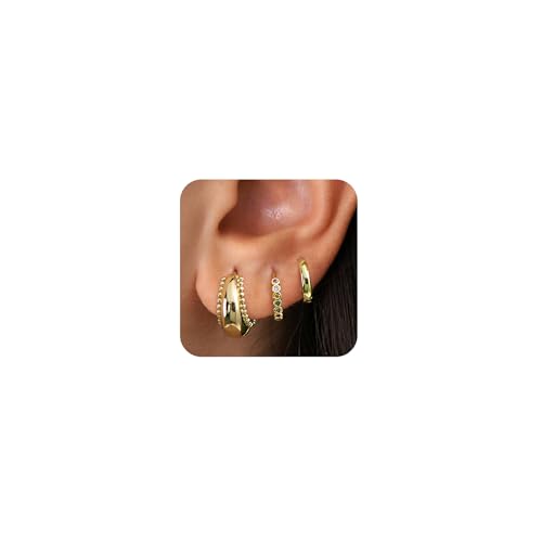 Image of 4Pairs Statement Gold Hoop Earrings for Women Trendy,Surgical Steel Gold Plated Hoop Hypoallergenic Earrings Set,Titanium Hoops Earring Stacks,CZ Cartilage Huggie Hoops Earring Gifts for Girlfriend