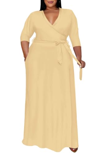 Image of Runwind Plus Size Dress for Women - 3 /4 Sleeve V Neck Maxi Dresses for Women (XL-6XL)