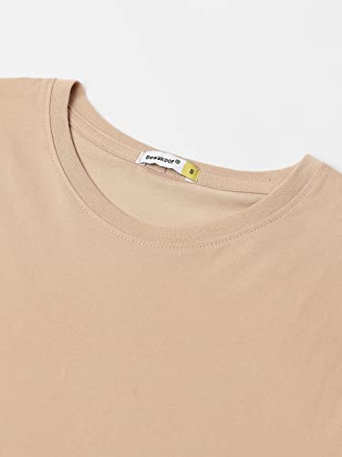 Image of Bewakoof Women Cotton Loose Fit Solid T-Shirt- Boyfriend Fit, Round Neck, Half Sleeves 555480 Brown M