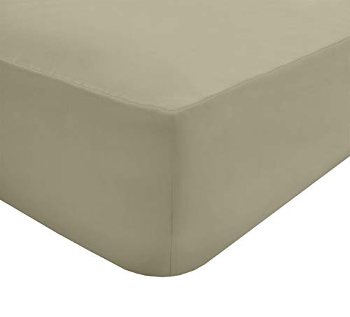 Sleepdown Sábana Bajera Ajustable Lisa de 180 Hilos de percal de algodón de fácil Cuidado de 25 cm de Profundidad, Color Topo