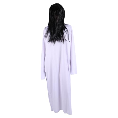 IMIKEYA Disfraz Halloween Adulto Mujer Vestido Novia Fantasma Blanco 1,3 M Tela Tejida Ligero Transpirable Uñas y Peluca Negra para Fiesta y Obra Escolar