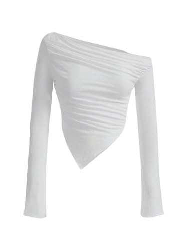 Girl's Off Shoulder Crop Top Long Sleeve Ruched Asymmetrical Tight Shirts Spring Tops