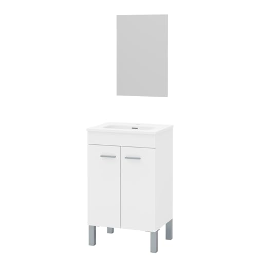 Baikal Mueble de Baño. 2 Puertas. Armario con Patas. Incluye Lavabo Cerámico y Espejo Liso. Mueble...