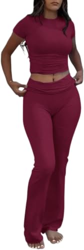 Image of AYWA Women's 2 Piece Lounge Sets Short Sleeve Crop Top Foldover Flare Pants Casual Pajama Outfits