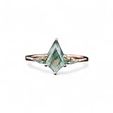 Natural Green Moss Agate Engagement Ring 14k Rose Gold Kite Cut Gemstone Jewelry Gift for Wife Unique Anniversary Ring