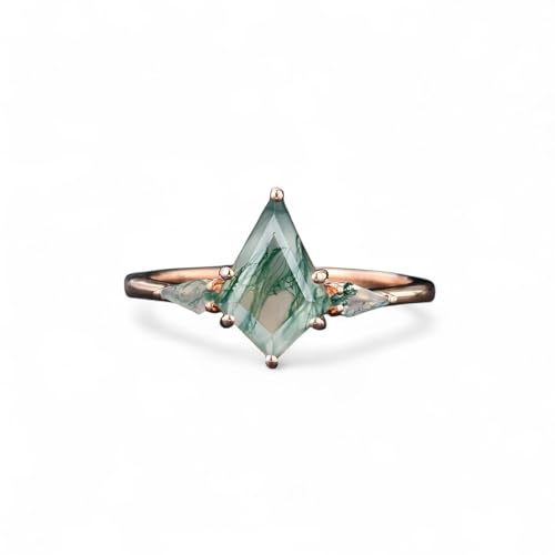 Natural Green Moss Agate Engagement Ring 14k Rose Gold Kite Cut Gemstone Jewelry Gift for Wife Unique Anniversary Ring