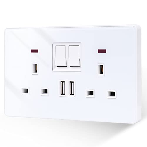 JIEMIDA Double USB Socket, Double Switched Fast Charging Power Socket with Two USB Charging Ports, 2.1V, 13 Amp Electric Power Socket, White Glass Crystal Panel With Status LED,250V