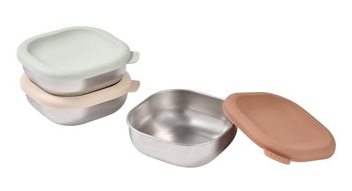BEABA Microwave Safe Stainless Steel Baby Bowls with Lid Set of 3 Nautral